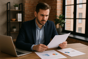 Profesional revisando un plan EB-2 NIW con preocupación por posibles RFEs o rechazo en proceso migratorio