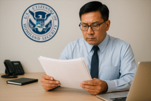 Funcionario de USCIS revisando un caso de inmigración con documentos oficiales en su escritorio
