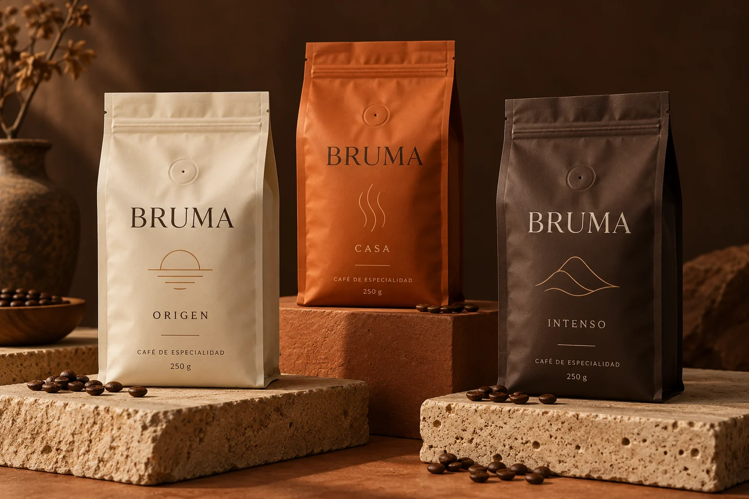 Cafés BRUMA Origen, Casa e Intenso en empaques de 250 gramos