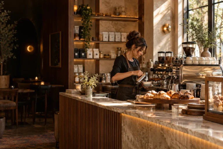 Cafetería BRUMA con máquina de espresso y vitrina de pastries