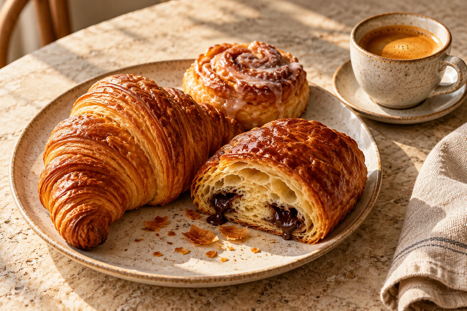 Croissant, pain au chocolat y un espresso sobre una mesa de piedra