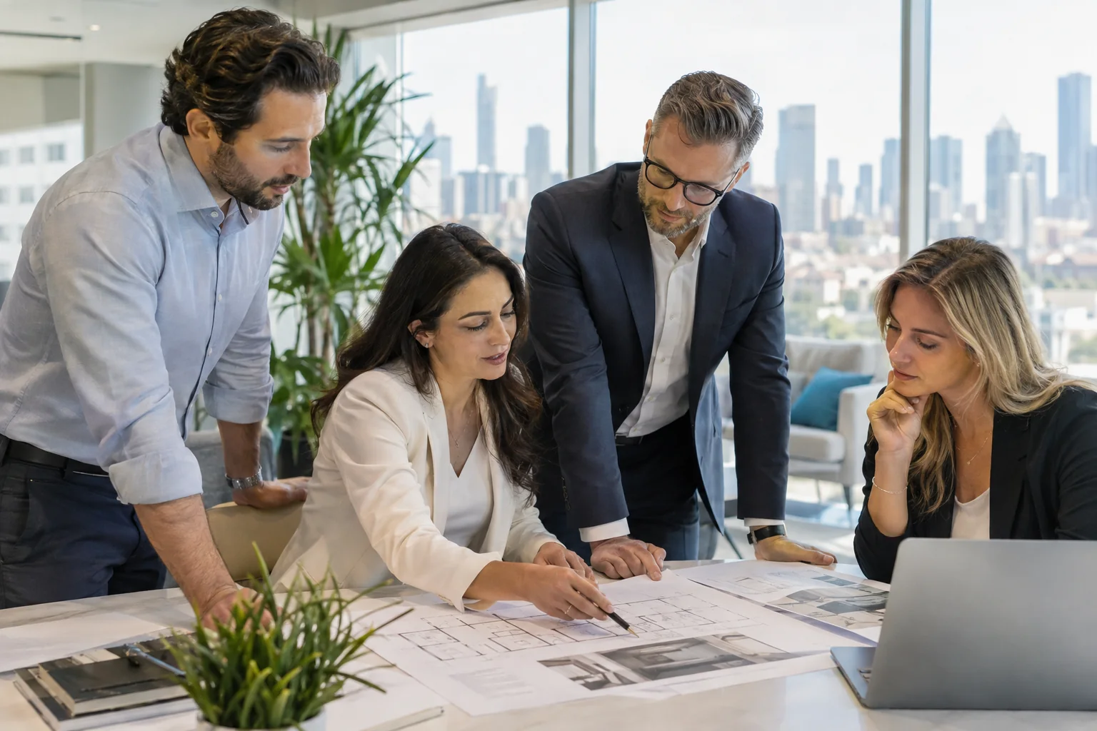 Profesionales revisando un plan de expansión empresarial