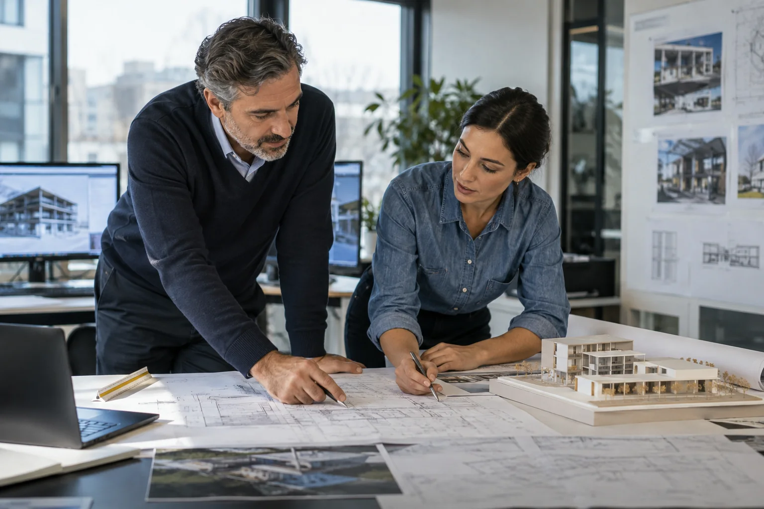 Profesionales revisando un proyecto en un estudio técnico