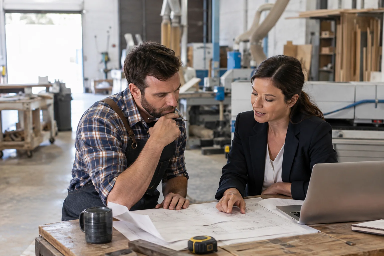Empresario y asesora revisando un plan de negocios en un taller